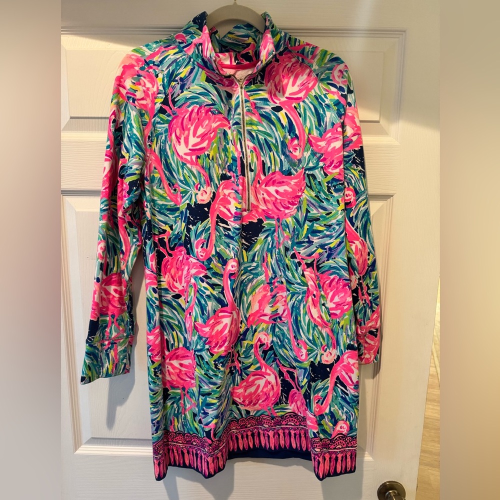 Lilly Pulitzer Womens Sz L Skipper Flamingo Dress Beach Popover Pink Rare